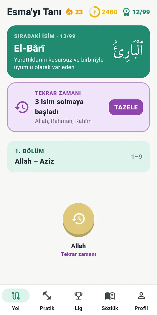 Esma'yı Tanı öğrenme yolu ekranı