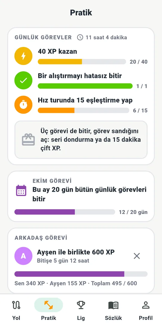 Pratik sekmesi: günlük görevler, aylık görev ve arkadaş görevi