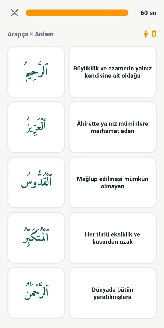 Hız turu: Arapça yazılışları anlamlarıyla eşleştirme